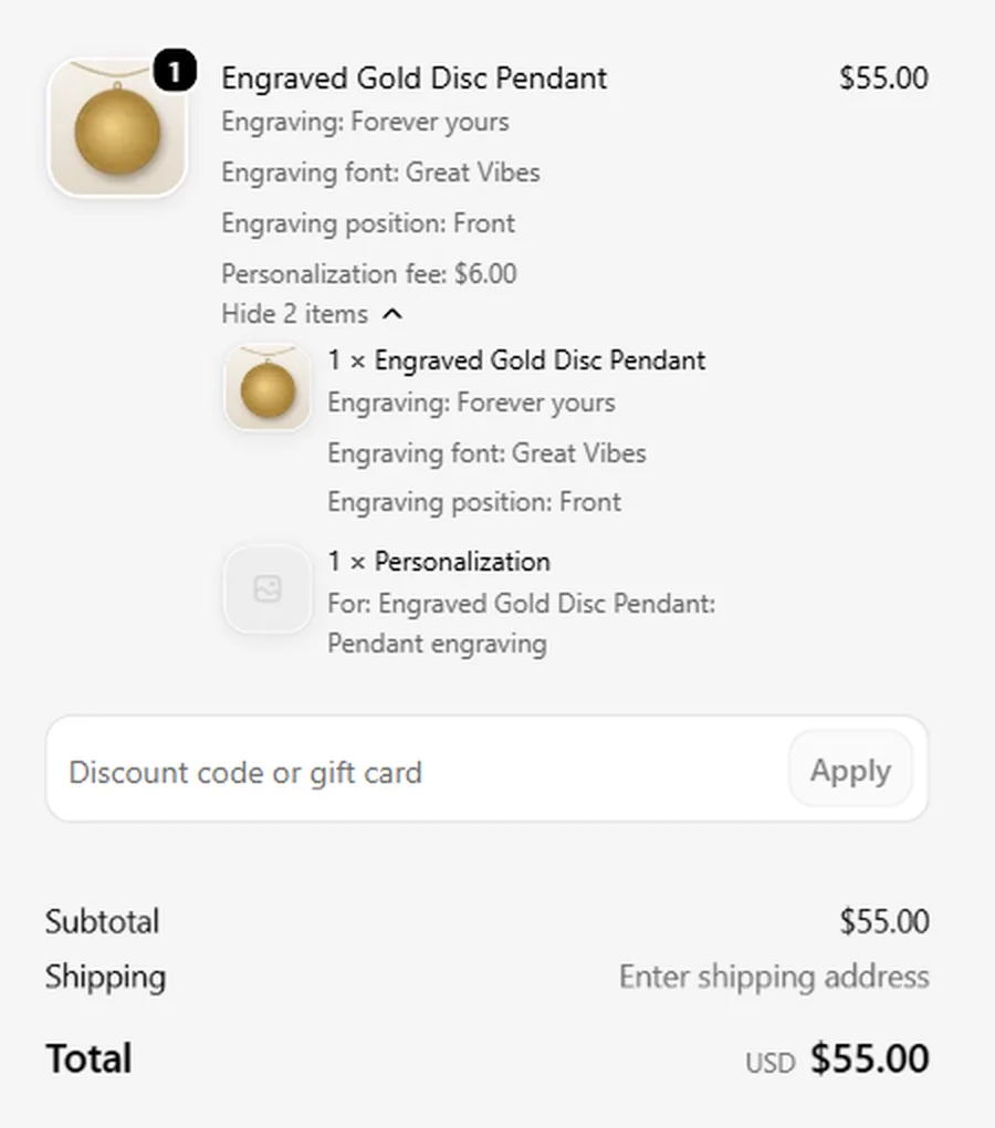 Checkout order summary with the engraved pendant and a separate Personalization item