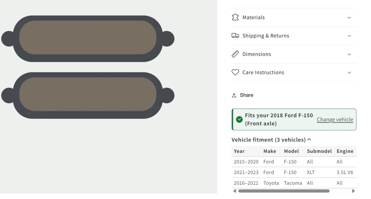 Product page of ceramic brake pads with a green "Fits your 2018 Ford F-150 (Front axle)" badge and the vehicle fitment table