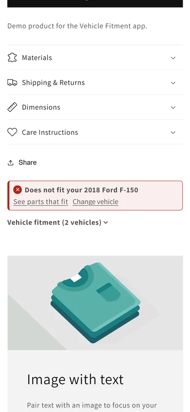 Mobile product page with a red Does not fit badge and a link to parts that fit
